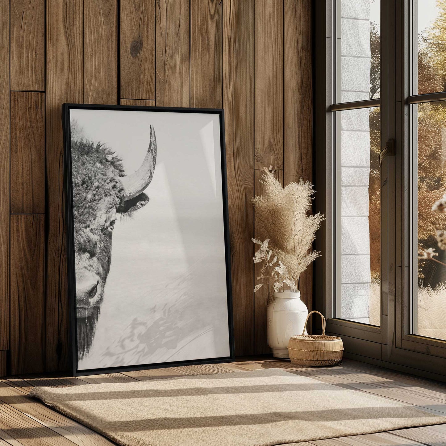 Black and White Bison Portrait Canvas Print