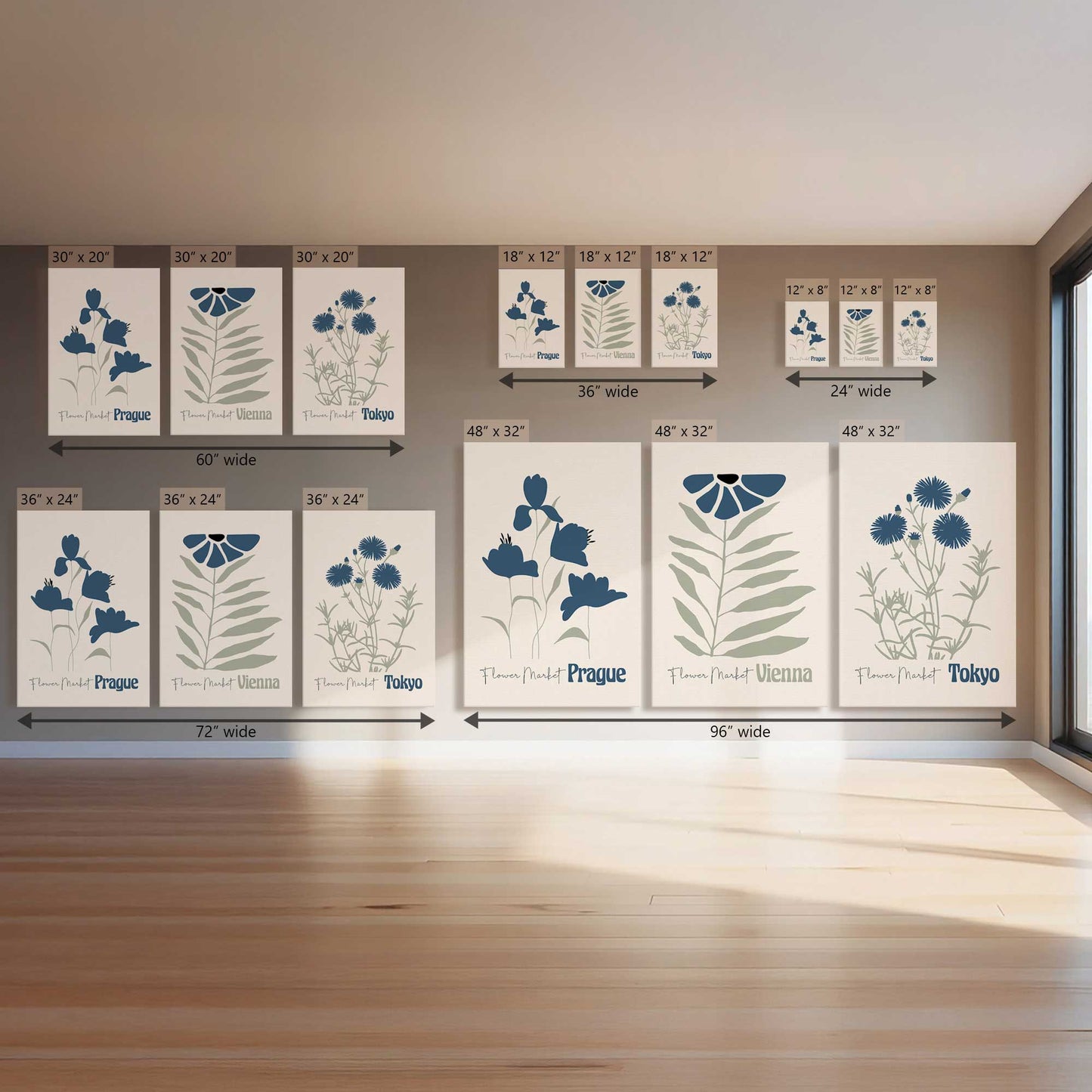 Blue Global Blooms, Set of 3 Canvas Prints