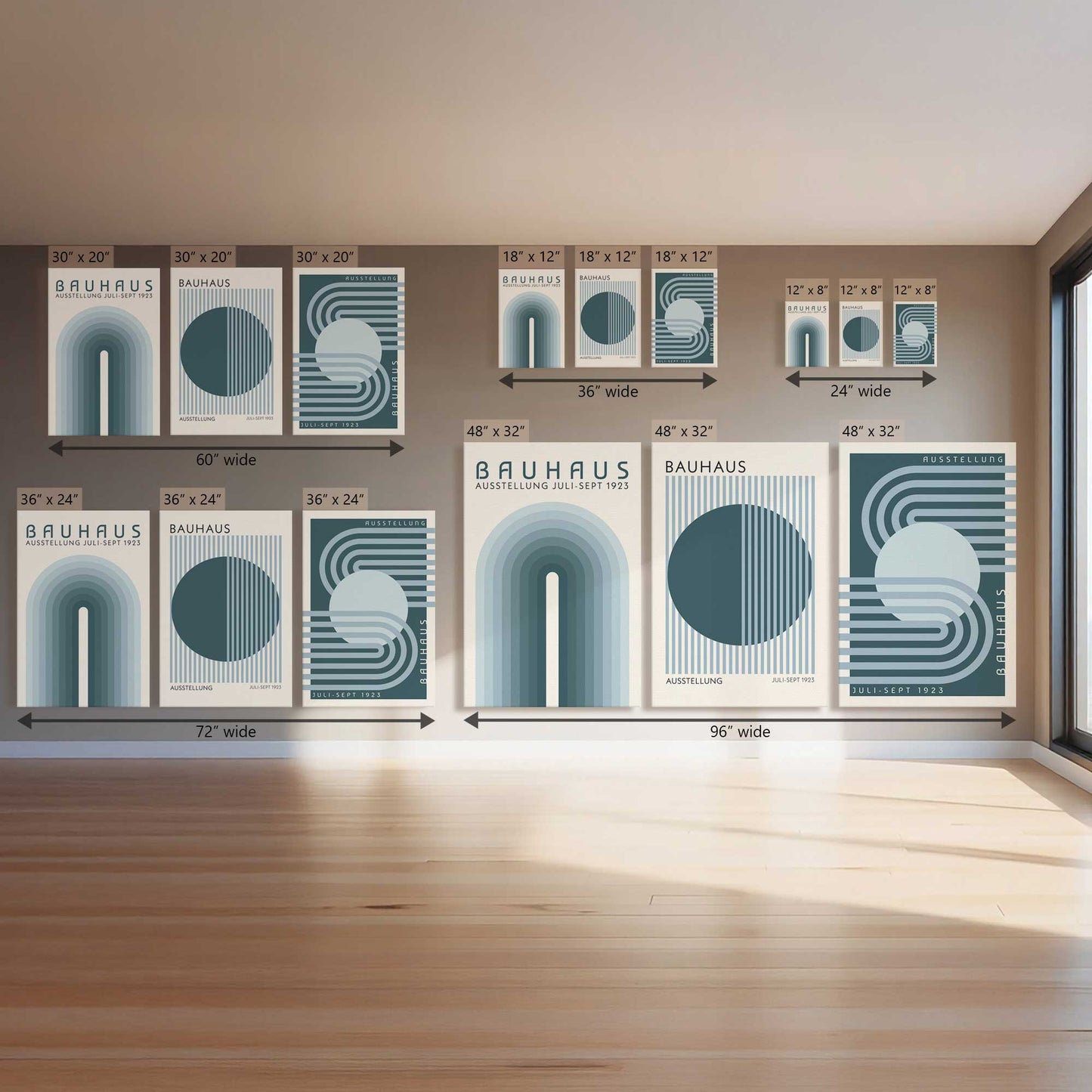 Blue Bauhaus Trio, Set of 3 Canvas Prints