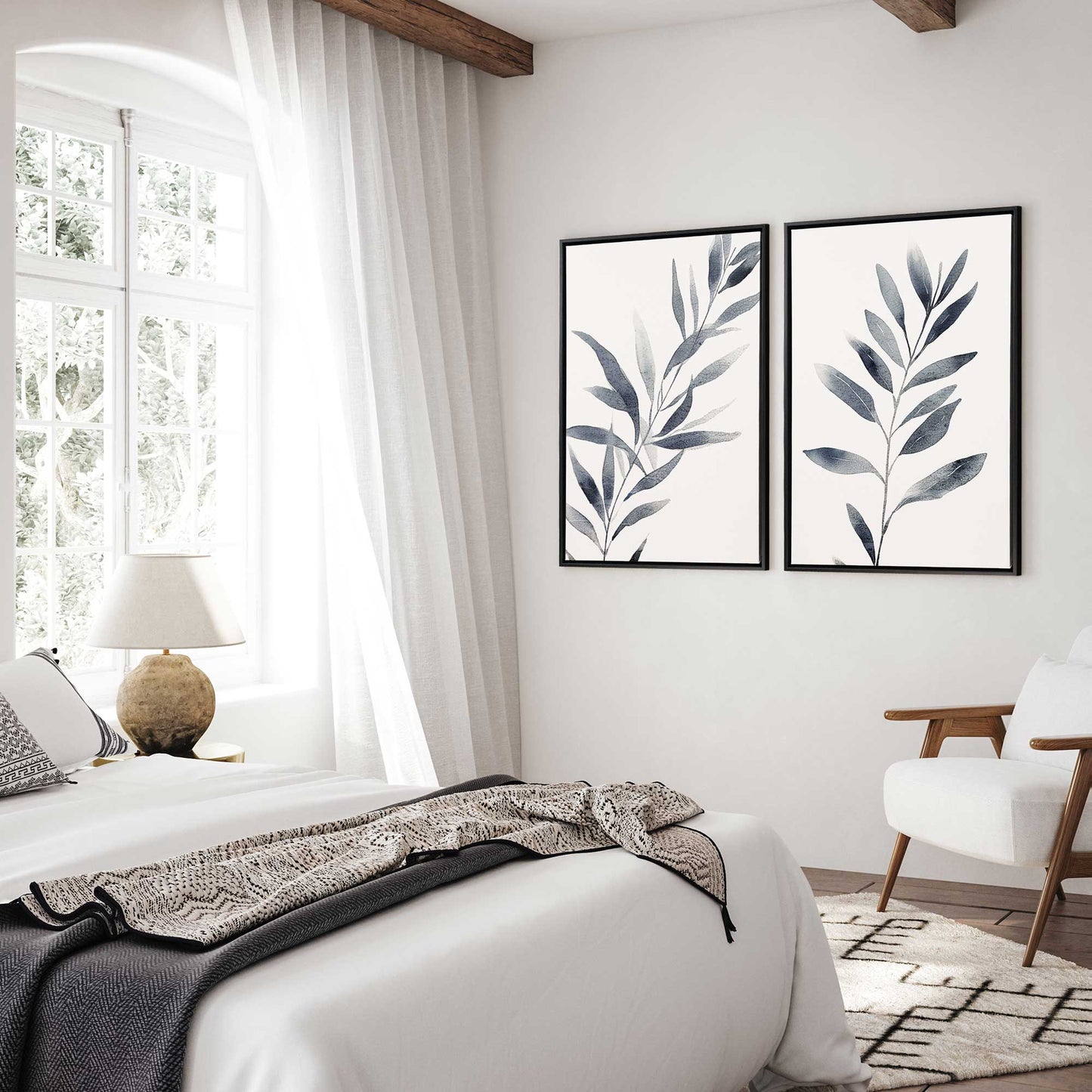 Soft Blue Leaves Canvas Print, Set of 2