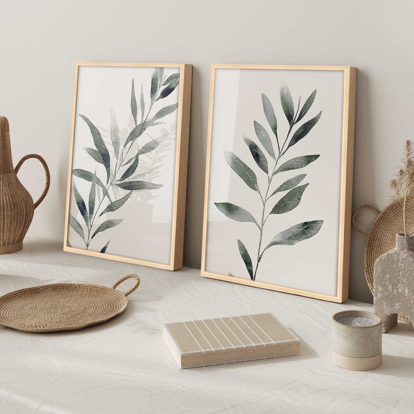 Soft Green Leaves Art Print, Set of 2