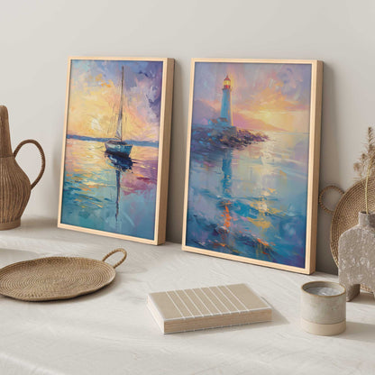 Bright Sunset Sail Art Print, Set of 2