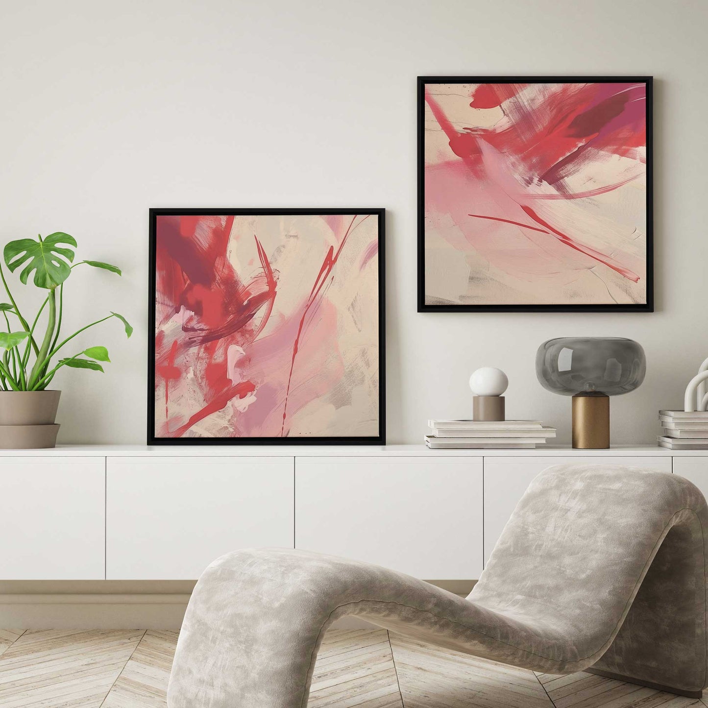 Bold Pink and Red Abstract  Canvas Print, Set of 2