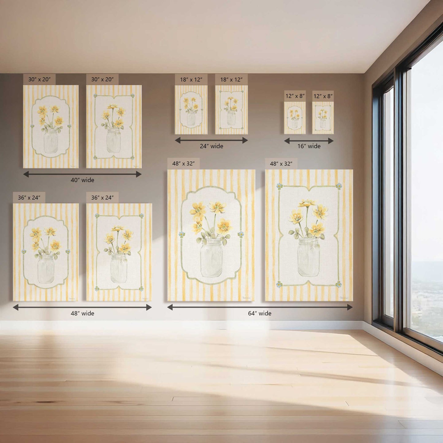Happy Yellow Flowers in Jars, Set of 2 Canvas Prints